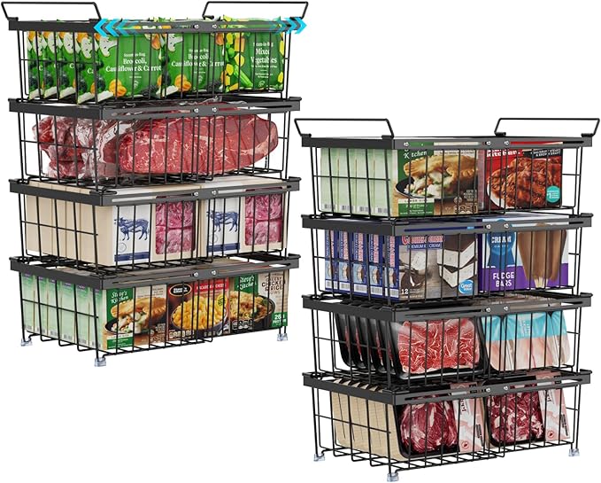 iSPECLE Freezer Organizer Bins - Fit 10 to 20 Cu.FT Deep Freezer, 8 Pack Large Expandable Stackable Chest Freezer Organizer Sort Frozen Food Easy to Get Food from Bottom without Digging, Black