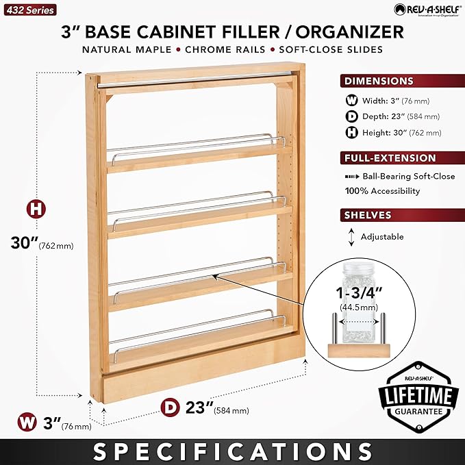 Rev-A-Shelf Base Filler Pullout Organizer Rack for Kitchen/Bathroom Cabinets w/Soft-Close, 3"