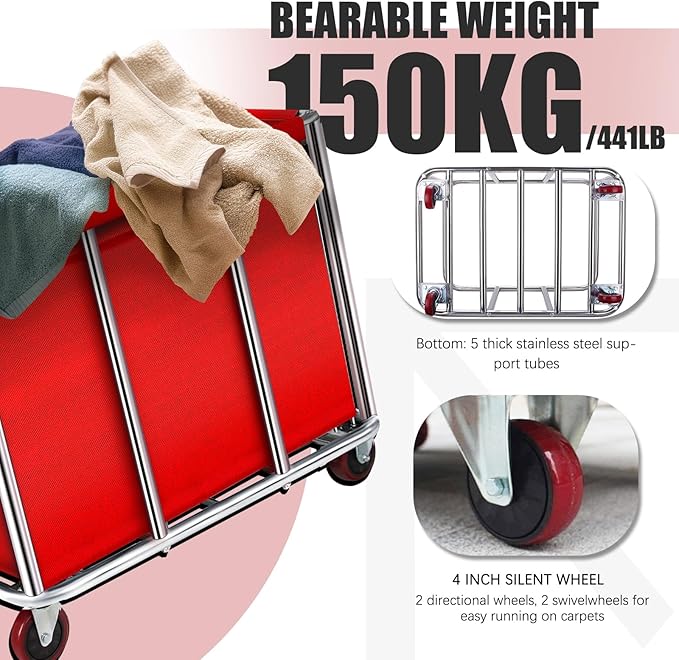 Commercial Laundry Cart on Wheels, 11.35 Bushels Large Laundry Roller, Heavy Duty Stainless Steel, Silver