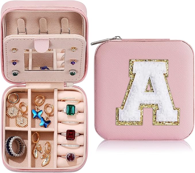 Parima Christmas Stocking Stuffers Gifts for Teenage Girls Kids Grandkids, Gifts for 5 6 7 8 9 10 11 12 13 14 15 Year Old Girls, Travel Jewelry Case Small Jewelry Box | Letter A, Pink