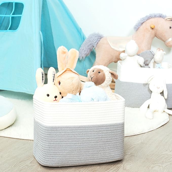 MINTWOOD Design 3-Pack Storage Baskets for Shelves, Playroom and Classroom, Book Basket, Decorative Storage Cube Bins, Woven Closet Organizers, Pantry and Shoe Organizer, Grey