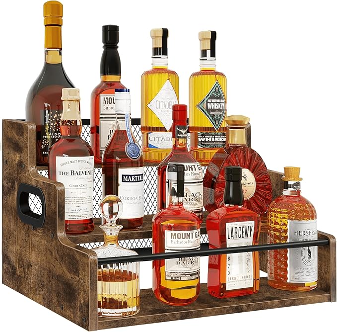 Homode Liquor Bottle Display Shelf, 3 Step Coffee Syrup Rack Organizer, Countertop Liquor Wine Rack, Mini bar, Liquor Cabinet, Home Retro Bar Shelf Stand for Whiskey Alcohol Drink