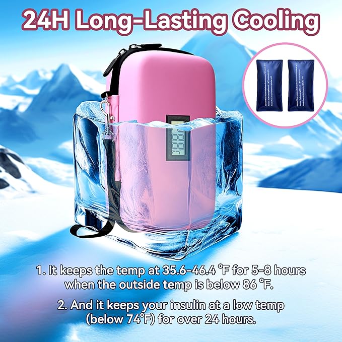Insulin Cooler Travel Case, TSA Approved Medication Diabetic Cooler Organizer Bag with Thermometer Temperature Display 2 Ice Packs, Pink