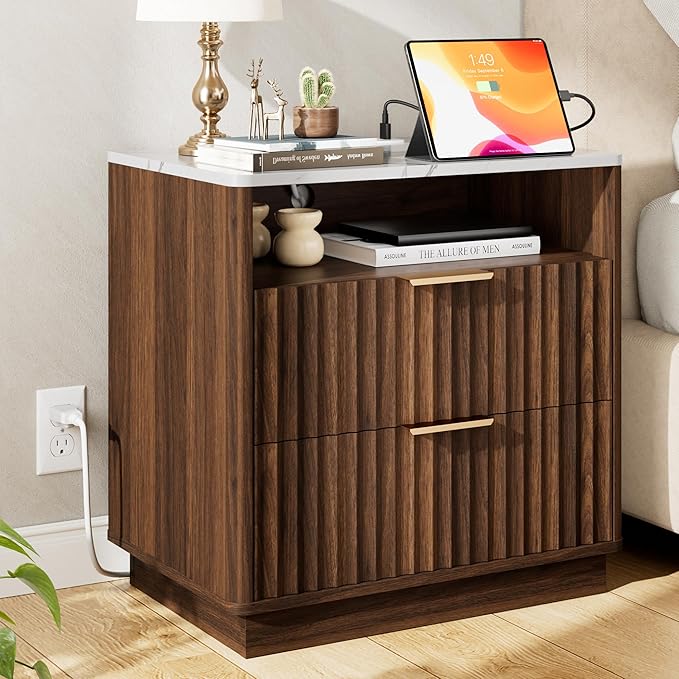 Large Fluted Night Stand with Charging Station, 23" Modern End Table with Faux Marble Top, 2 Drawers Nightstand with Storage, Side Table for Bedroom Living Room, Curved Profile (Walnut)
