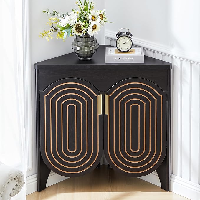 Small Corner Storage Cabinet, Mid Century Modern Floor Corner Cabinet with Curved Doors and Adjustable Shelves，Freestanding Narrow Storage Organizer for Bathroom, Living Room (Black)