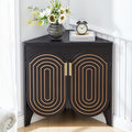 Small Corner Storage Cabinet, Mid Century Modern Floor Corner Cabinet with Curved Doors and Adjustable Shelves，Freestanding Narrow Storage Organizer for Bathroom, Living Room (Black)