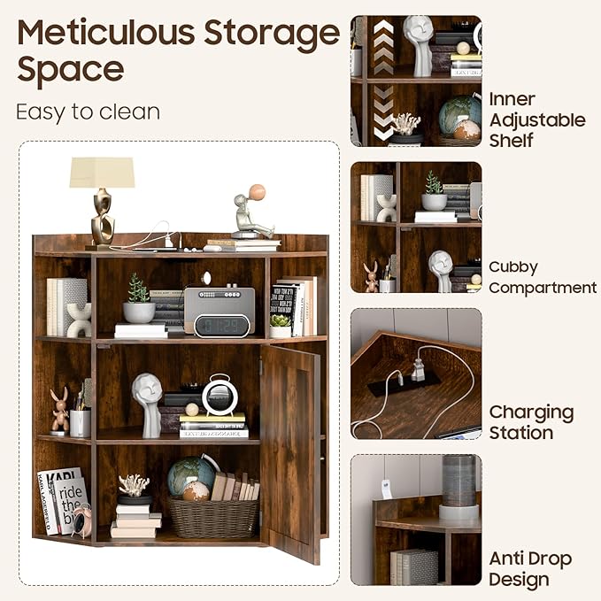 Corner Storage Cabinet, Farmhouse Corner Bookshelf with Storage 6-Cubby Wooden Cabinet with USB Ports and Outlets Industrial Organizer for Small Space, Study, Playroom, Living Room