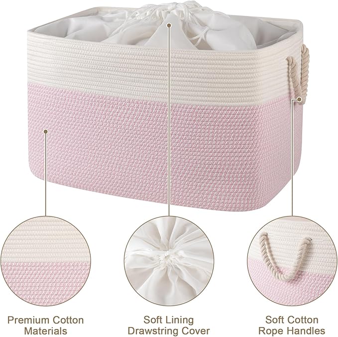 95L Extra Large Blanket Basket with Lid, 24" x 16.9" x 14.2" Woven Storage Basket for Living Room, Rectangle Nursery Blanket Storage for Toys, Towels, Dirty Clothes, Pink & White