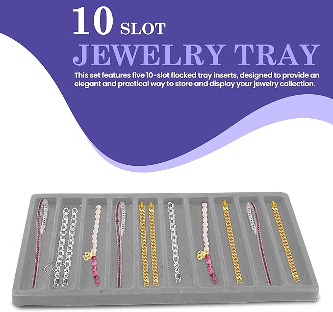 Novel Box 5 Pack 10-Slot Gray Liner Jewelry Storage Tray Inserts 14.75x8.25x1 Inches - Jewelry Organizer Pad for Drawers & Store Displays - Jewelry Display Pads for Necklaces Bracelets & Chains