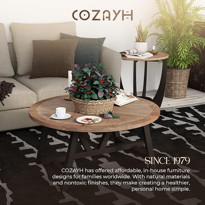 Rustic Farmhouse Coffee Table with Geometric Base, French Country Accent Table for Family, Dinning or Living Room, Modern, Round