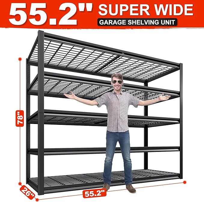 REIBII 78" H Garage Shelving, 5 Tier Storage Shelves Heavy Duty, 3000LBS Industrial Shelf, Adjustable Metal Shelving for Garage, Warehouse, School, Commercial, Business, 55.2" W x 78" H x 26" D