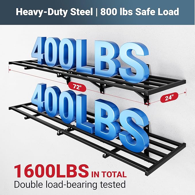 FLEXIMOUNTS 4-Pack 2x6ft Heavy Duty Garage Wall Shelving, 800lbs Capacity, Garage Shelving Wall Mounted with 8 Hooks, Storage for Power Tools, Garden Supplies, Storage Bins, Lite Series