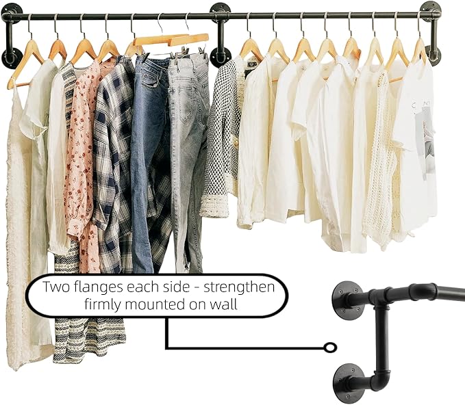 Wall Clothes Rack, Industrial Pipe Clothing Rack for Hanging Clothes, Wall Mounted Heavy Duty Space Saving Garment Racks, Multi-Purpose Clothing Hanging Rods for Closet Storage, Black