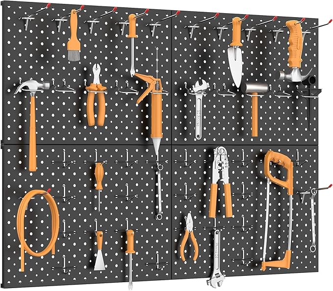 TORACK 4 PCS 12"x16" Metal Pegboard Panels for Garage, Workbench, Shop, Tool Organizer Peg Board with 1/8" & 1/4" Holes, Modular Wall-Mounted Pegboard for Pegboard Hooks (Black)