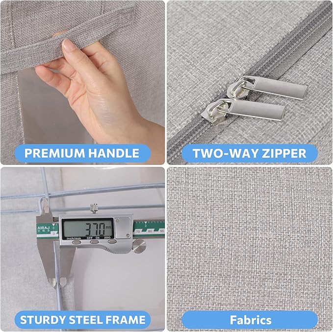 CYhom 3Pack Foldable Storage Bins - Frame Storage Box Linen Fabric Stackable Clothes Container Organizer with Clear Window & Carry Handles Large Capacity (Large-66L, Light Grey)