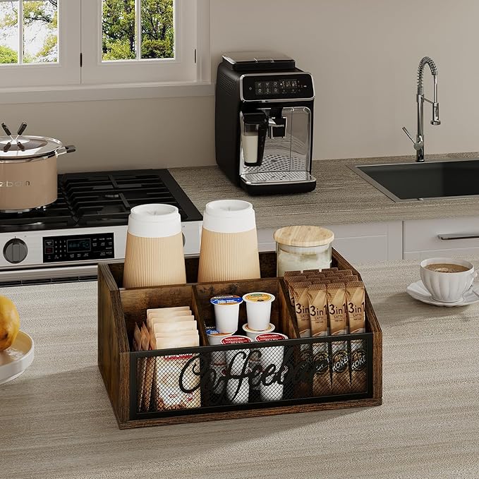 YINMIT Coffee Station Organizer for Countertop, Wood Coffee Bar Organizer with Removable Dividers for Pods, Syrup, Cups, Stirrer, Tea - Office Coffee Bar Accessories