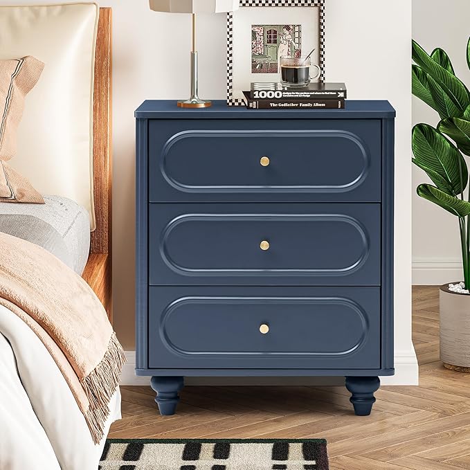 3 Drawer Fluted Dresser for Bedroom, Mid Century Modern Chest of Drawers, Wood Storage Small Dresser Organizer for Bedroom Living Room Hallway Closet, Blue