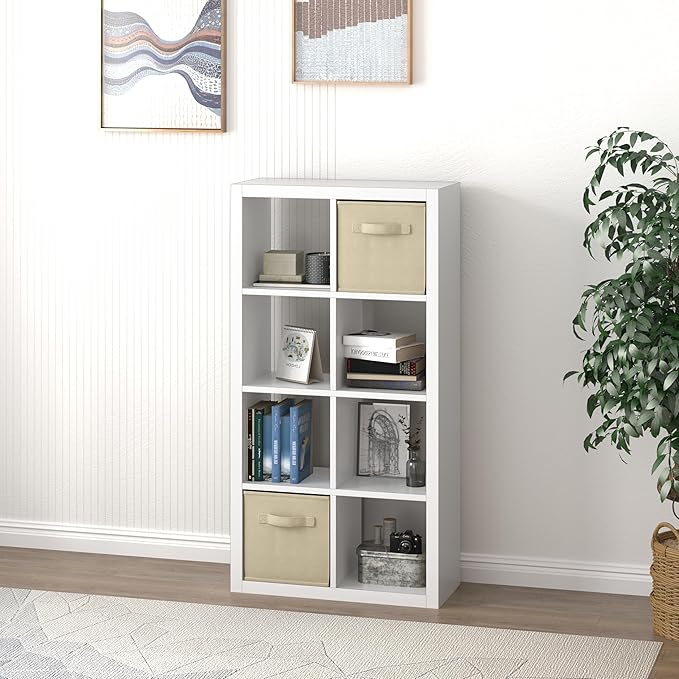 Bookshelf Cube Storage Organizer, 8-Cube Shelf Bookcase with Storage Bin, Modern Wood Open Shelf for Living Room, Bedroom, Home Office, White