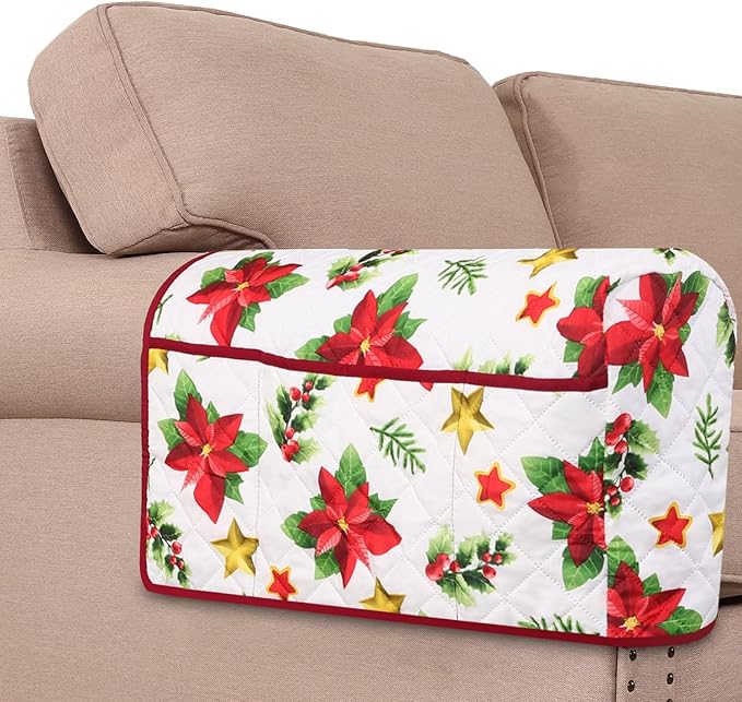 H.VERSAILTEX Christmas Couch Arm Covers Water Resistant Armrest Covers for Sofa Remote Control Holder Sofa Armrest Organizer for Magazine, Tablet, Phone, iPad(Set of 2, Red Poinsettia/Beige)