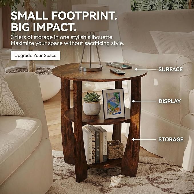 Rustic Brown Round Side Table, 3-Tier End Table with Storage Shelves, Farmhouse Nightstand for Bedroom, Small Accent Table for Living Room Sofa, 19.7" D x 21.7" H