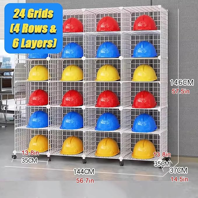 Stackable Safety Helmet Storage Boxes, Large Adjustable Hard Hat Placement Organizer Rack,with Wheels,for Construction Site/Garage/Workshop/Factory Helmet Display Shelf (White, 24 Grids-4 * 6)
