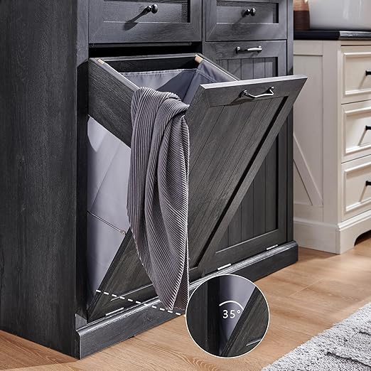 Double Tilt Out Trash Cabinet, 20 Gallon Farmhouse Laundry Hamper Cabinet with 2 Drawers, Hidden Wooden Trash Can Cabinets with Storage Basket for Kitchen, Living Room (Dark Grey)