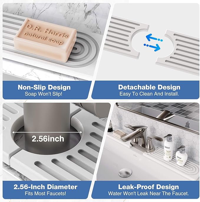DK177 Diatomite Fast Drying Faucet Mat for Kitchen Sink, Water Absorbing Stone Tray, Faucet Splash Guard for Bathroom Counter, White, 23.6" x 4"