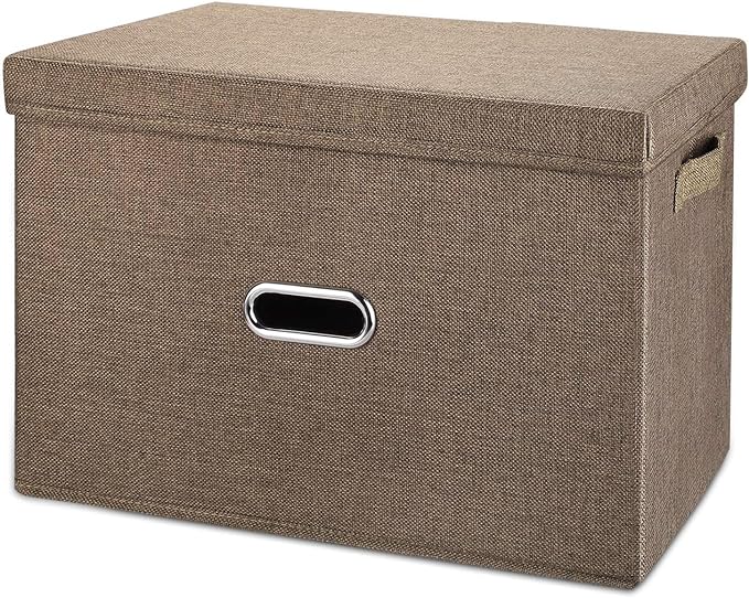 Linen Fabric Collapsible Storage Bins with Removable Lids and Handles, Washable Storage Box Containers Baskets Cube with Cover for Bedroom,Closet,Office,Living Room,Nursery (Coffee, Small)
