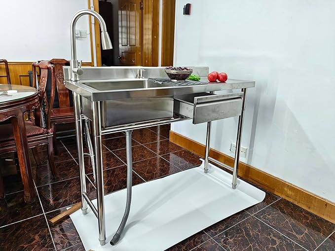304 Stainless Steel Utility Sink with Faucet – Free Standing Single Bowl Kitchen Sink with Workbench & Drawer Storage, Hot/Cold Water Pipes for Laundry, Farmhouse & Outdoor Use 47”(SCTD-120R)