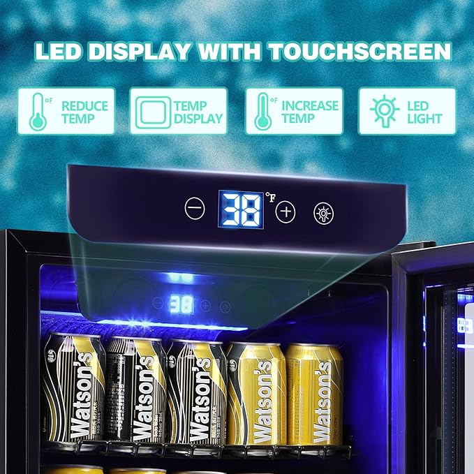 WANAI Mini Fridge Cooler 120 Can Beverage Refrigerator with LED Display with Touch Screen, Adjustable Shelves, Small Beverage Fridge with Glass Door for Beer Soda Wine for Home, Office, Bar, 3.5 Cu.Ft