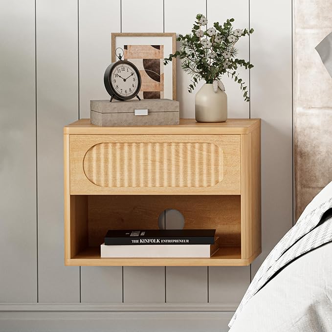 Floating Nightstands with Drawer Set of 2, Modern Wall Mounted Bedside Tables for Bedroom, Space Saving Storage Cabinets, Easy Install Hanging Shelf Night Stands for Small Spaces (Natural)