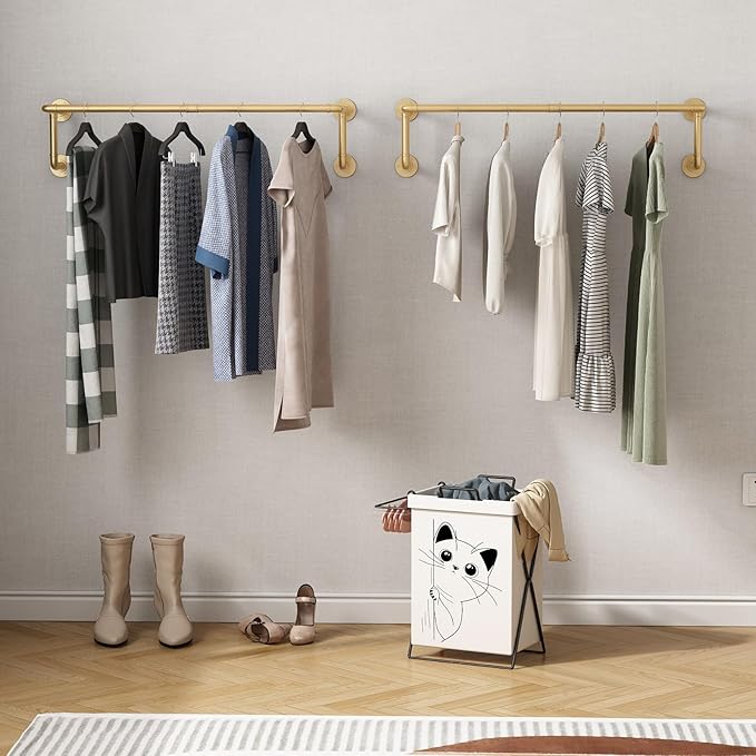 Industrial Pipe Clothing Racks 2 Pack, 36.2In Wall Mounted Clothes Rack, Gold Wall Clothing Racks for Hanging Clothes, Space Saving Closet Hanging Rod for Laundry Room, Bedroom