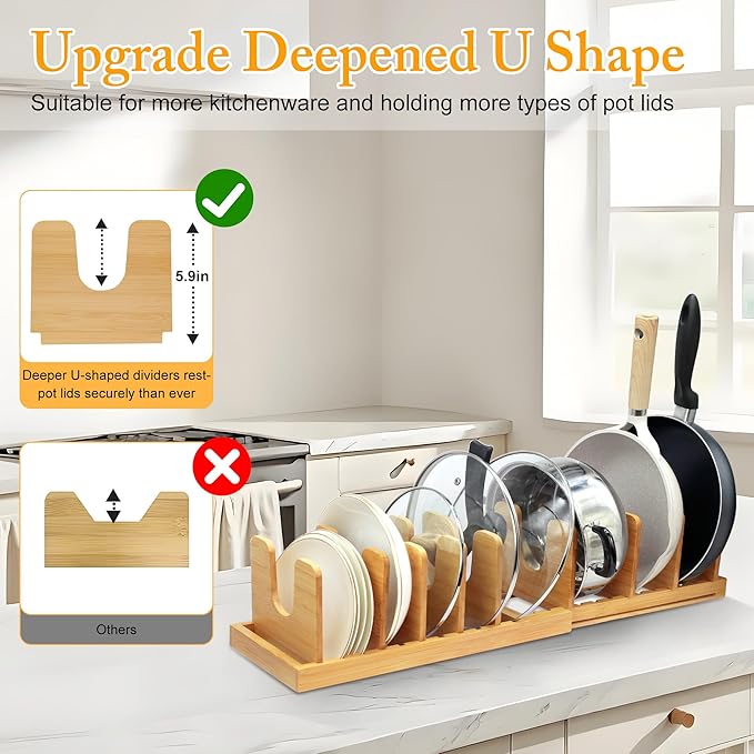 MinBoo Bamboo Expandable Pot Lid Organizer, Pot and Pan Organizer Drawer Organizer for Pot Lids, Adjustable 8 U-Shaped Dividers for Kitchen Cabinet Organizers and Storage (Bamboo-1)