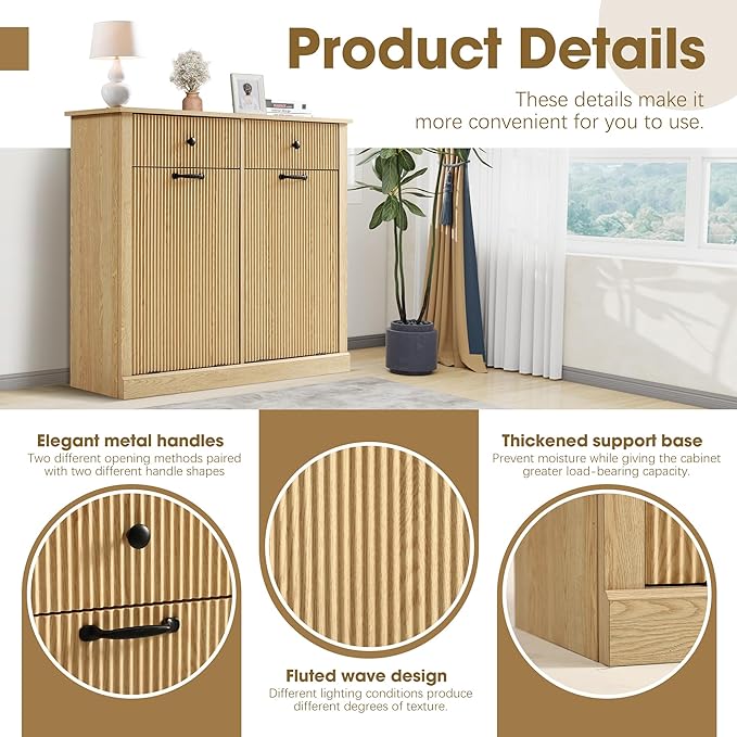 Grepatio Tilt Out Fluted Laundry Hamper Cabinet, 22 Gallon Double Hidden Laundry Hamper, Wooden Trash Can Cabinets with 2 Drawers, Modern Garbage Can Cabinet for Bathroom, Kitchen (Natural, Double)