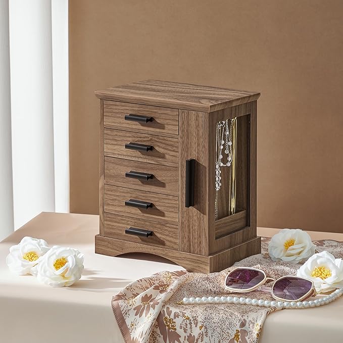 HOOBRO Jewelry Box for Women, Jewelry Organizer with Arc-Shaped Bottom, Wooden Jewelry Box, Side Transparent Window, Vertical Storage, for Earring, Necklace, Bracelet, Ring, Walnut and Black BH13JB04
