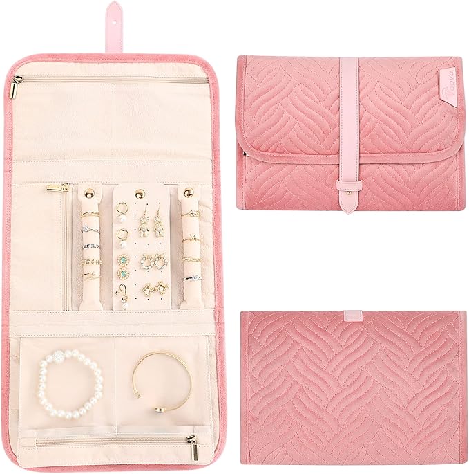 Voova Travel Jewelry Holder Organizer Case, Large Jewelry Storage Bag for Women Girls, Foldable Traveling Jewellery Pouch Roll for Necklaces Rings Earrings Bracelets, Pink