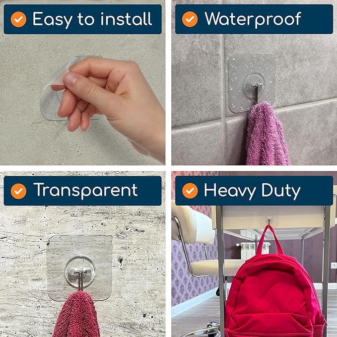 GLUIT Adhesive Wall Hooks for Hanging Heavy Duty 22 lbs Hooks for Walls No Damage, Towel Sticky Clear Hook, Waterproof, Home, Bathroom, Kitchen, Office, and Outdoor 6 Pack