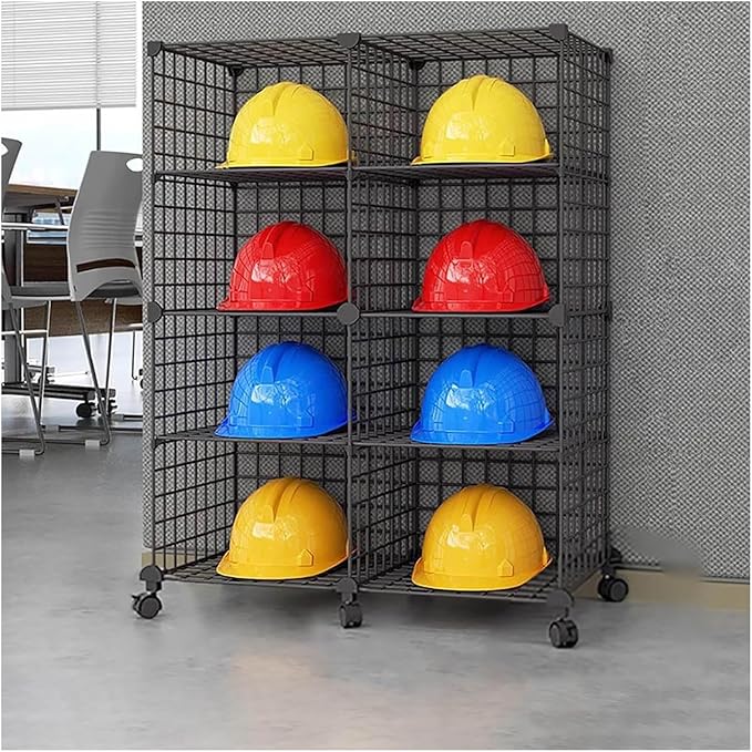 Stackable Safety Helmet Storage Boxes, Large Adjustable Hard Hat Placement Organizer Rack,with Wheels,for Construction Site/Garage/Workshop/Factory Helmet Display Shelf (Black, 8 Grids-2 * 4)
