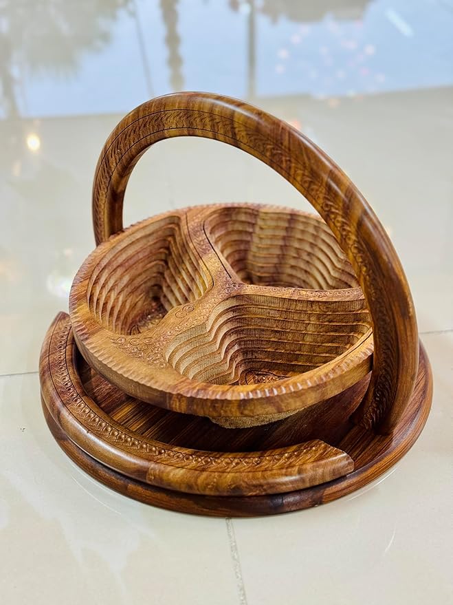 Handmade 12″ Collapsible Wooden Basket, 3-Compartment Angel Wings Design in Himalayan Rosewood, Fruit Basket, Bread Bowl & Trivet, Folds Flat for Easy Storage – Unique Centerpiece & Gift