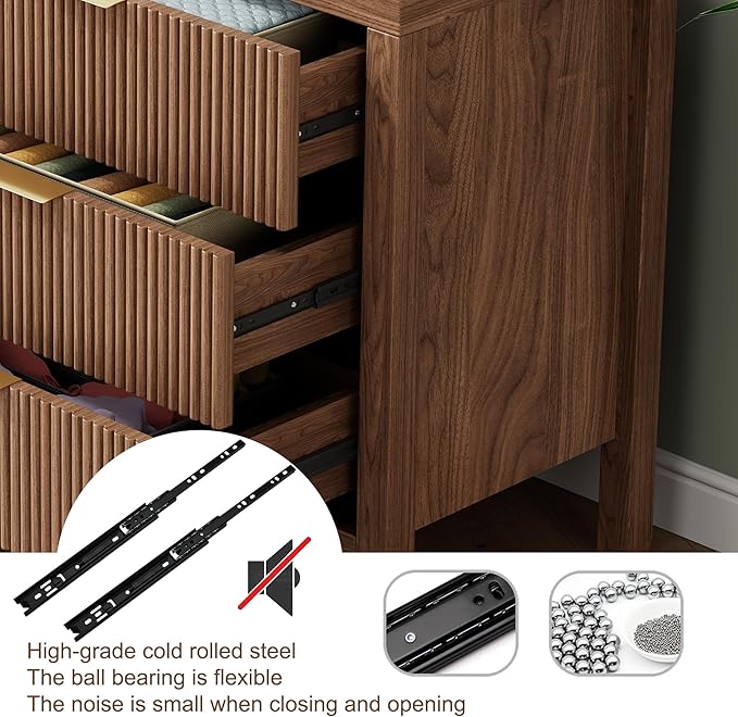 6 Drawer Dresser, Chest of Drawers Organizer with Waveform Panel, Large Fluted Dresser with Wide Drawers and Golden Handles, Wood Storage for Bedroom, Hallway, Entryway, Walnut