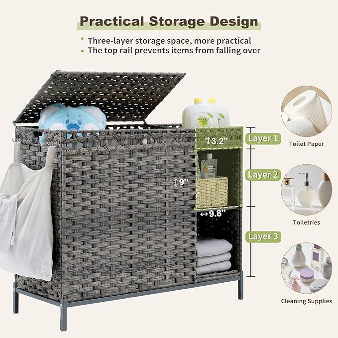 Laundry Hamper with Lid, 130L (34.4 Gal) Rattan Laundry Hamper 3 Section with 50L(13.2 Gal) Storage Shelf, Wicker Woven Laundry Sorter Basket with 4 Liner Bags and Handles, Natural GLH003N