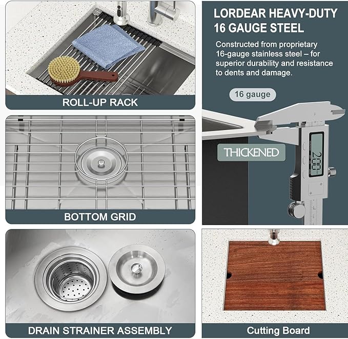 Lordear 23 Inch Laundry Room Sink Undermount 16 Gauge Stainless Steel Single Bowl 13 Inch Deep Handmade Utility Sink with Full Cutting Board, 23" x 19" x 13"