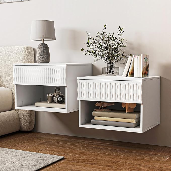 Vibe & Dine Floating Nightstand Set of 2, Wall Mounted Night Stand with Spiral Pattern Design, Modern Bedside Tables with Drawers for Bedroom, Easy Assembly, White