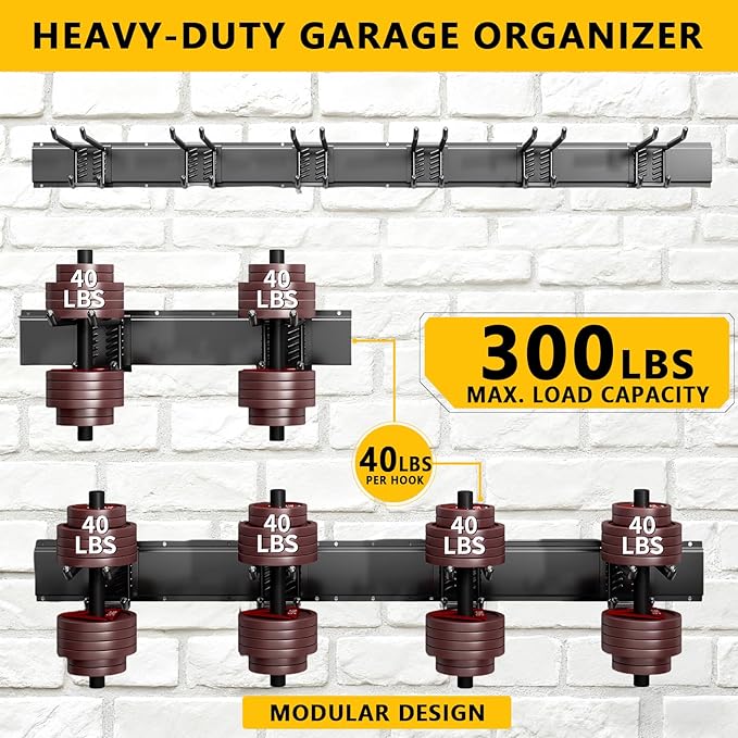 Garage Tool Organizer Wall Mount, 48inch Heavy-Duty Garage Storage System and Garden Tool Organizer with 6 Adjustable Double Hooks for Shovel, Snowboard, Yard Tools and Shed