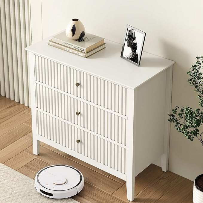 RoyalCraft Large 3 Drawer Dresser Set of 2, Fluted Wood Chest of Drawers with Storage, Modern Painted 30 inch Wide Nightstand for Bedroom Living Room Entryway, White