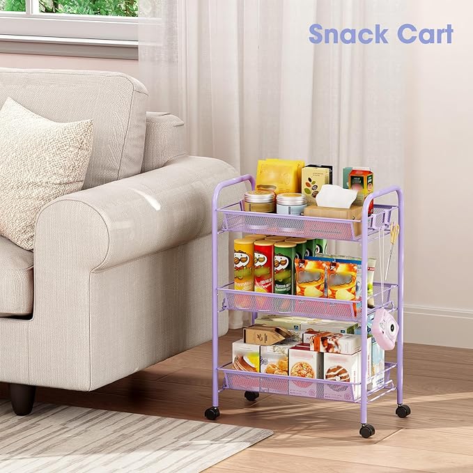 TOOLF 3-Tier Metal Rolling Cart, Mesh Wire Easy Assemble Utility Cart, Storage Trolley on Wheels with 3 Hooks, MetalStorage Shelving Units for Kitchen Bathroom Laundry Room