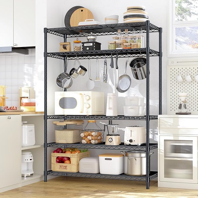 5 Tier Storage Shelves 71" H Wire Shelving Adjustable Metal Shelving,1000LBS Pantry Shelves Sturdy Steel Wire Shelf for Kitchen Commercial Pantry Garage Warehouse,71" H X35.5 W X13.8 D, Black
