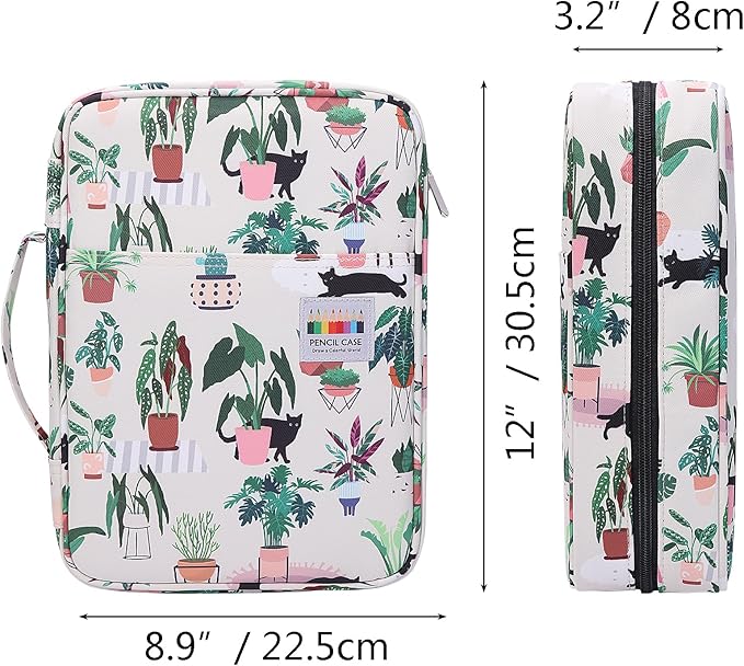 JAKAGO 220 Slots Colored Pencil Case Large Capacity Pen Holder for Artist Painter Zipper Organizer Bag for Marker Highlighter Storage Case for Office Sketch Travel Supplies (Green Plant Cat)