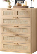 LEYAOYAO Rattan Dresser for Bedroom, 42" Tall Chest of Drawers, Modern 6 Drawers Boho Dressers with Storage, Light Oak Dresser Wooden Closet Organizer for Living Room, Hallway, Natural Wood
