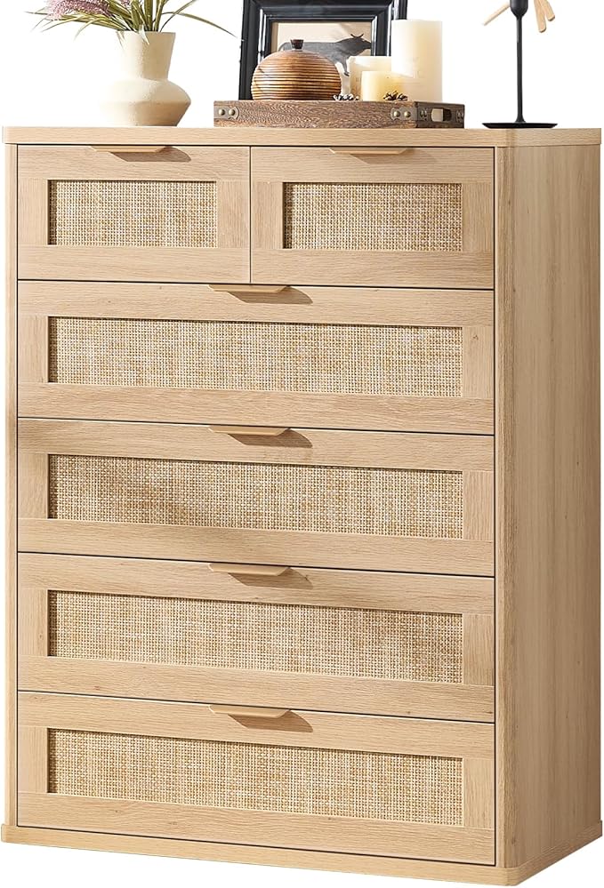 LEYAOYAO Rattan Dresser for Bedroom Set of 2, 41" Tall Chest of Drawers, Modern 6 Drawers Boho Dressers with Storage, Light Oak Dresser Wooden Closet Organizer for Living Room, Hallway, Natural Wood